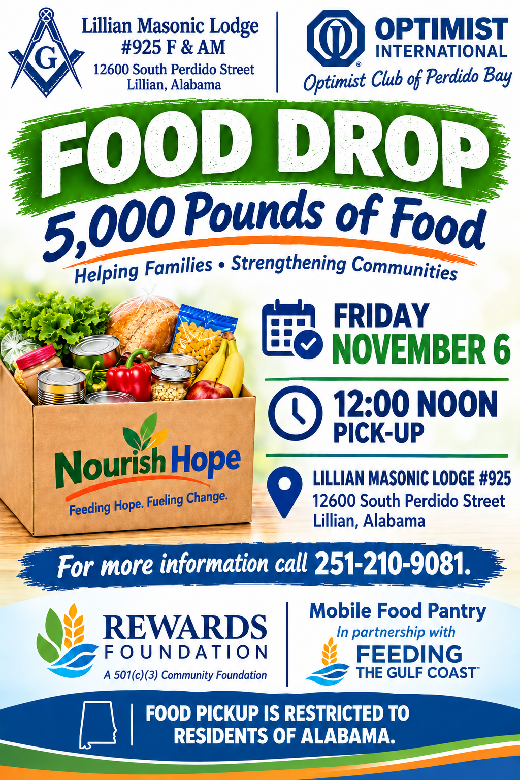 Food Drop flyer featuring the Lodge and a box of groceries