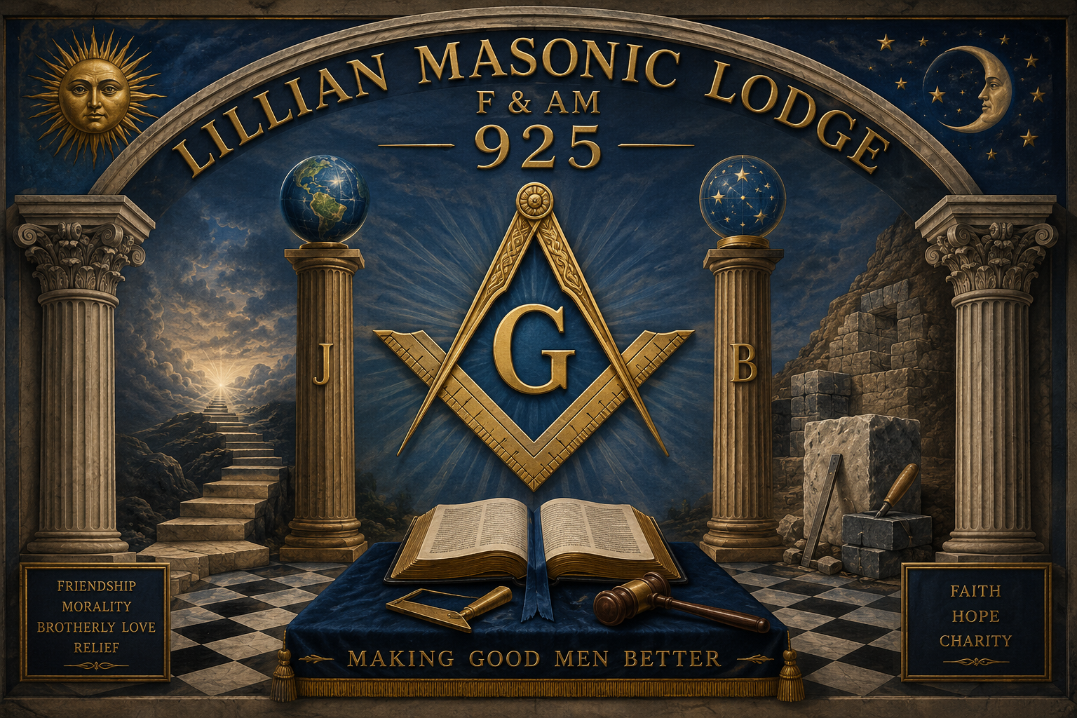 Illustrated Masonic square and compasses, columns, working tools, and the Lillian Masonic Lodge name