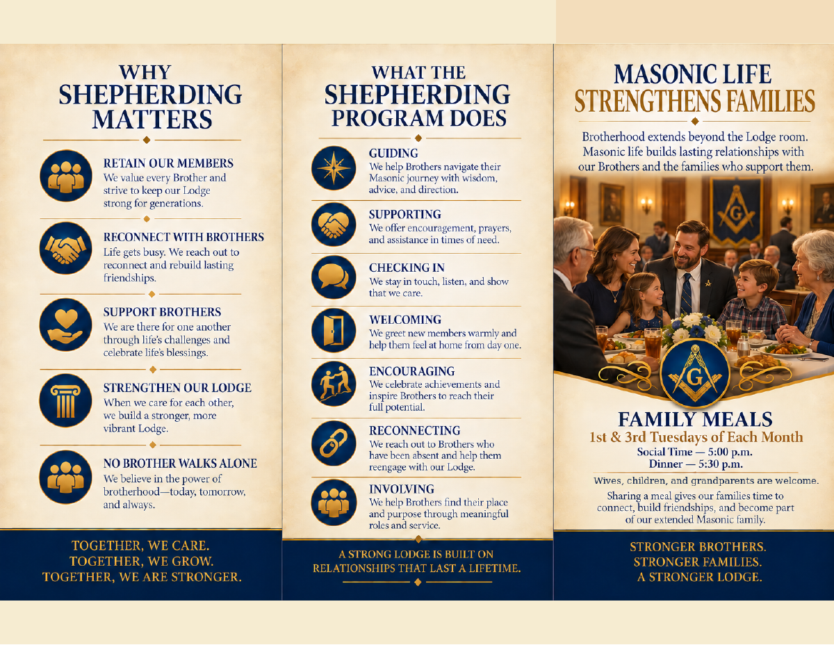 Inside panels of the Shepherding tri-fold brochure, including a family fellowship panel